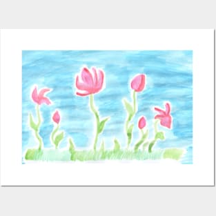 Beautiful watercolor painted pink flowers on a blue background Posters and Art